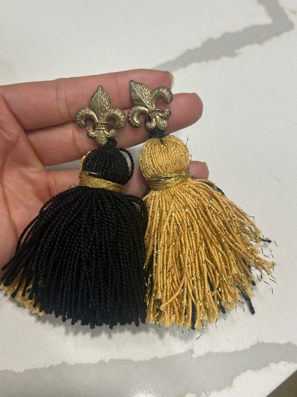Fleur-de-lis Black & Gold Tassel Earrings